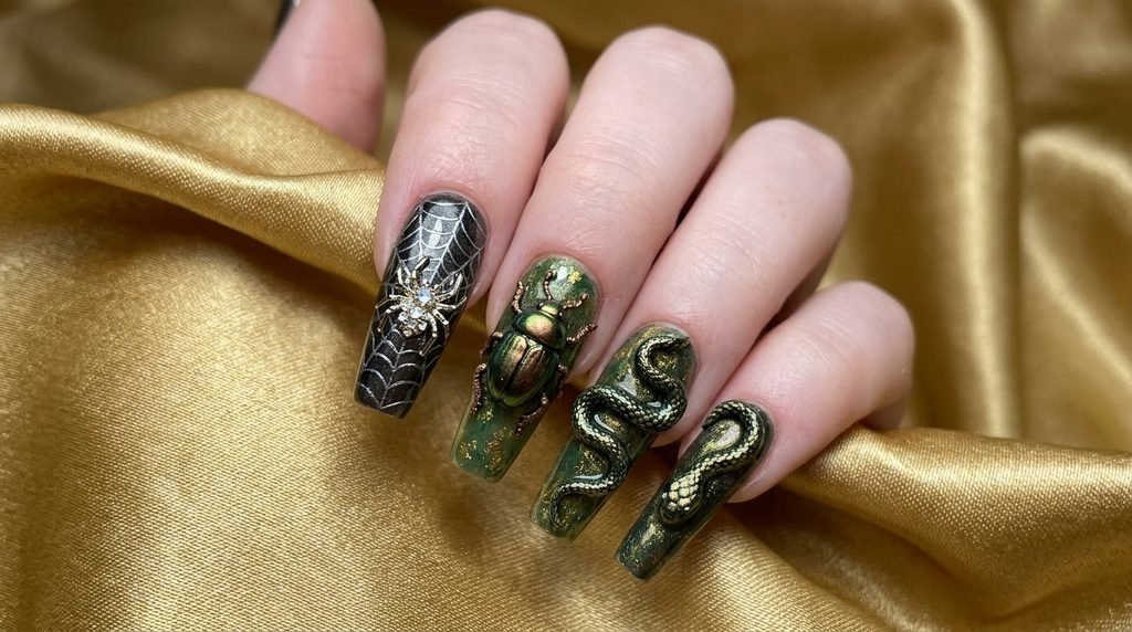 A macro close-up showing an ultra-fine nail art brush barely touching a matte white fingernail, demonstrating the 'light touch' technique used to create very precise, thin black curved lines for moth patterns.