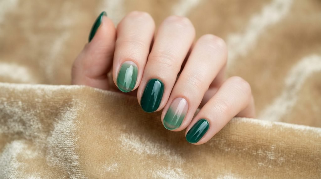 Close-up of opaque and jelly emerald-green polish on a young woman's hand against a champagne-gold velvet background.