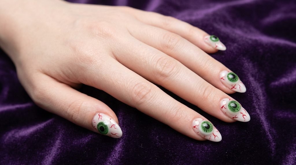 An extreme close-up of one woman's pale thumbnail with an almond shape, featuring a single prominent, detailed, green-eyed 3D sculpted eyeball against blurred purple velvet.