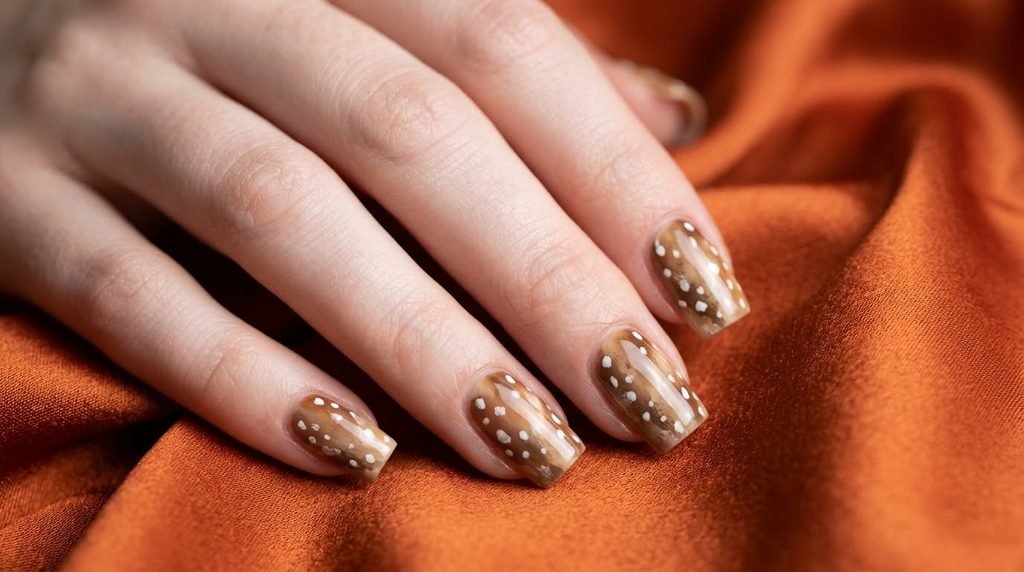 Square nails with clean brown and cream fawn print art on bright burnt-orange silk.