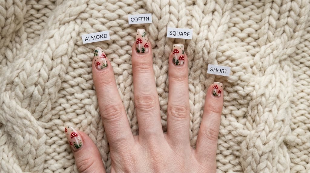 Four different nail shapes with mushroom art shown on an eighteen year old female hand with white skin.