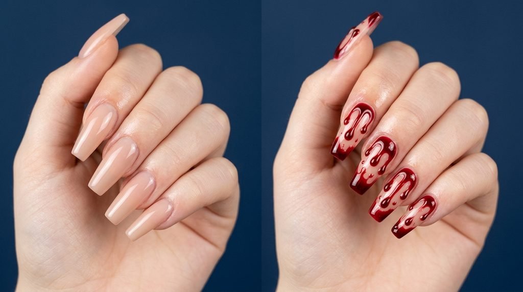 Coffin nails with red blood drip gel art on an 18-year-old female hand with white skin over dark navy.