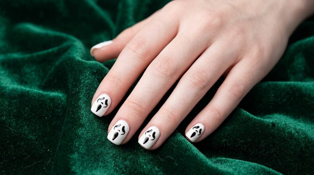 Black and white Halloween manicure on an 18-year-old hand over dark blue satin.