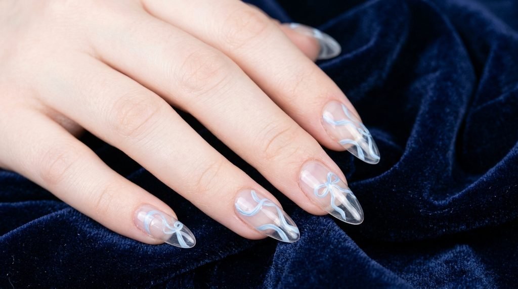 Light blue ribbon art on clear nails against a navy velvet cloth.