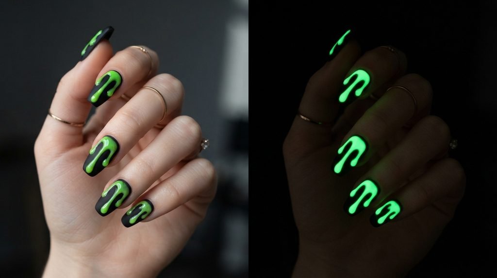 Comparison photo of the same hand showing matte black and neon green nails under normal light, and then glowing brightly in the dark.