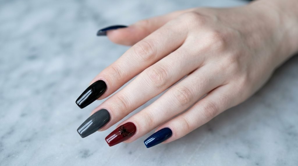 A four-finger fan pose showing long coffin nails in four different dark, glossy gothic base colors: black, charcoal, oxblood red, and navy. Posed against pale grey marble.