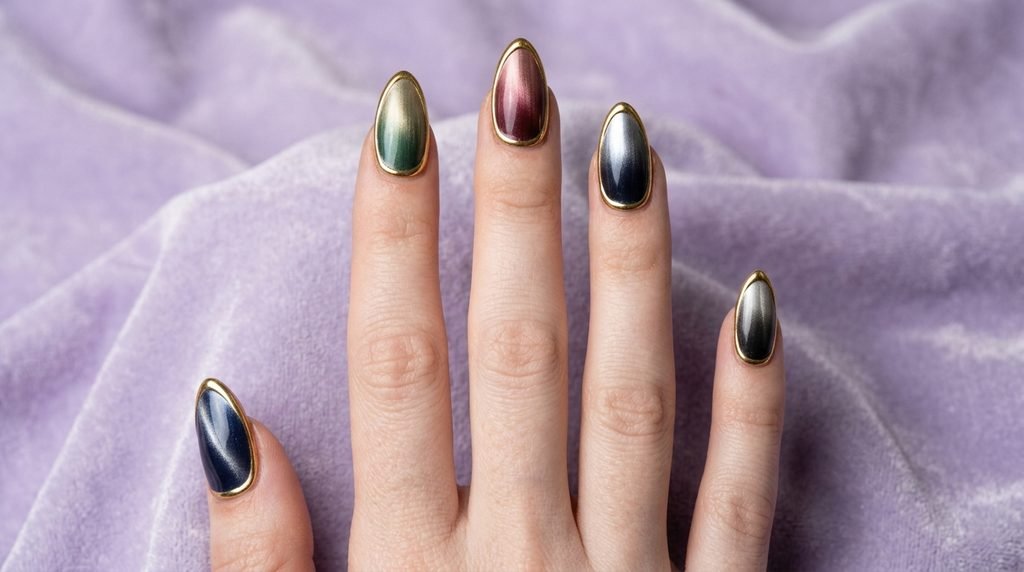 Extreme close-up of a single almond nail with beige polish and a metallic silver chrome line tracing the cuticle base.