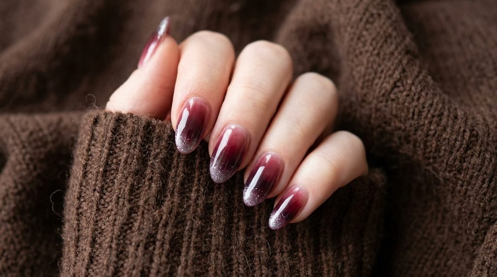 Berry syrup nails with subtle silver shimmer on fair skin over chocolate brown wool background.