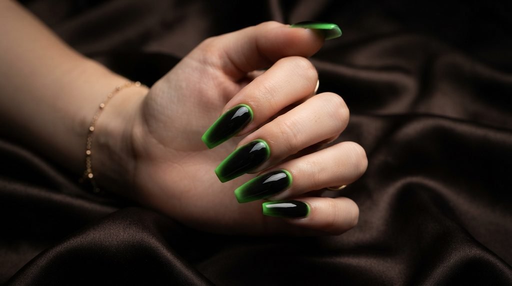 Long coffin nails showcasing poison green aura halos over black gel on dark chocolate satin.