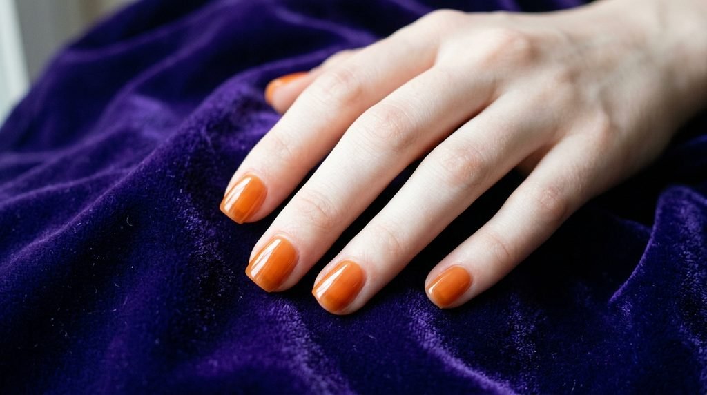 Short square translucent pumpkin jelly nails on an 18-year-old female hand over purple velvet.