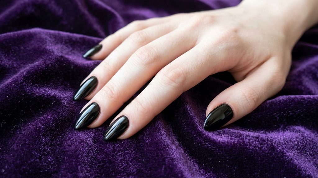 Smooth white-skinned female hand showing glossy black polish applied evenly across almond nails.