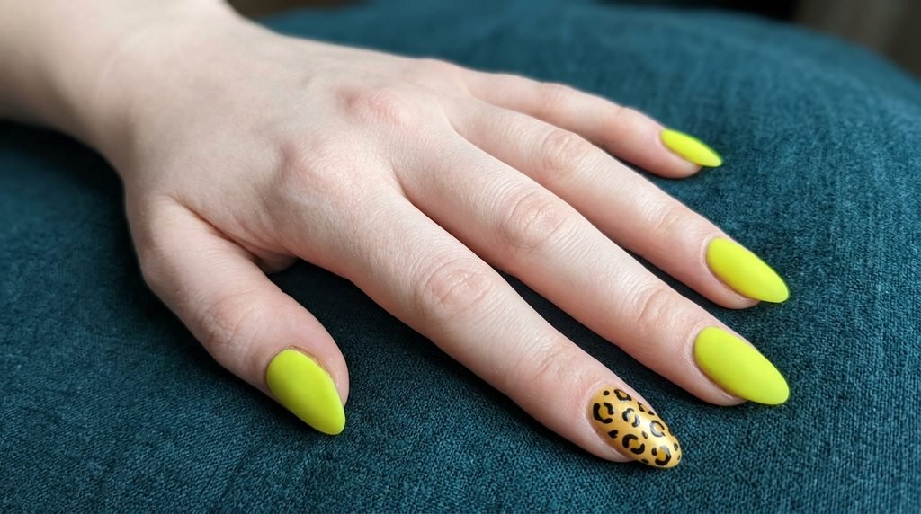 Detail view of an 18-year-old hand with very white skin featuring golden leopard print accent nails next to matte neon green.