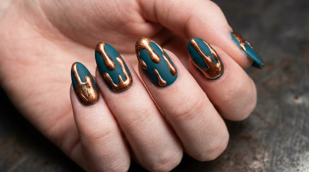 Macro image of raised 3D copper chrome drips on a matte teal nail on an 18-year-old female hand with very white skin against dark pewter.