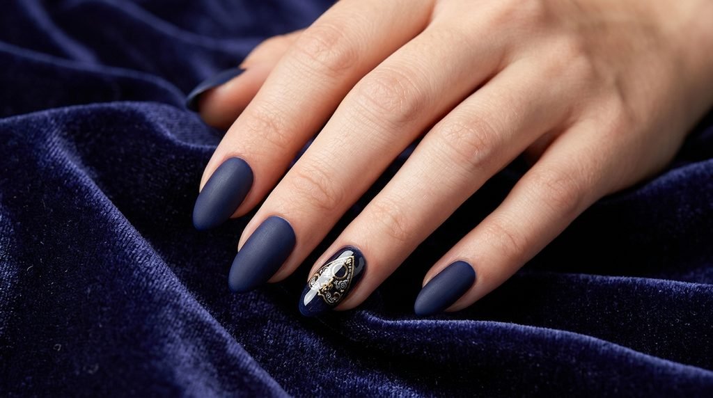 Hand with white skin demonstrating a contrast between matte black polish and a glossy accent nail.