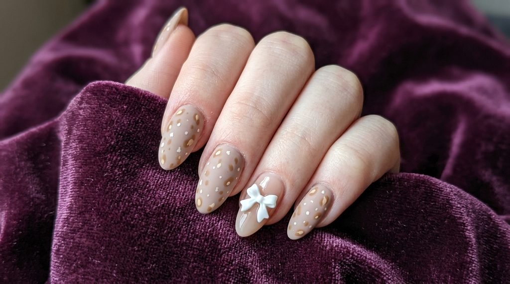 Light-skinned hand with deer print almond nails and a white 3D bow charm on plum velvet.