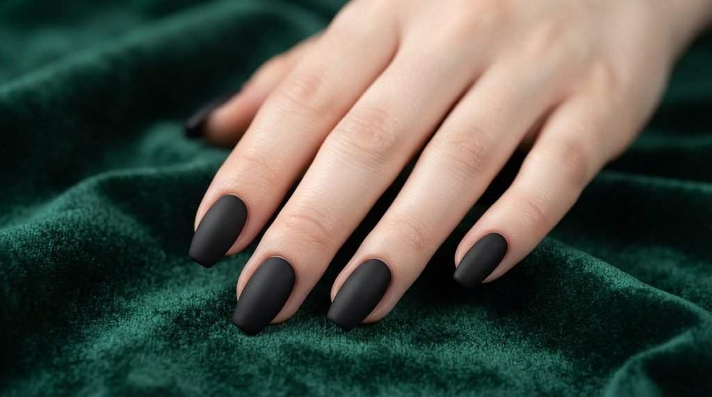 Close-up of an eighteen-year-old female hand displaying matte black coffin nails against a deep emerald green velvet backdrop.