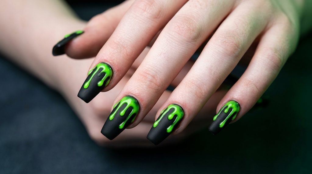 Close-up photograph showing medium-length coffin nails with matte black base and raised, glossy neon-green slime drips.