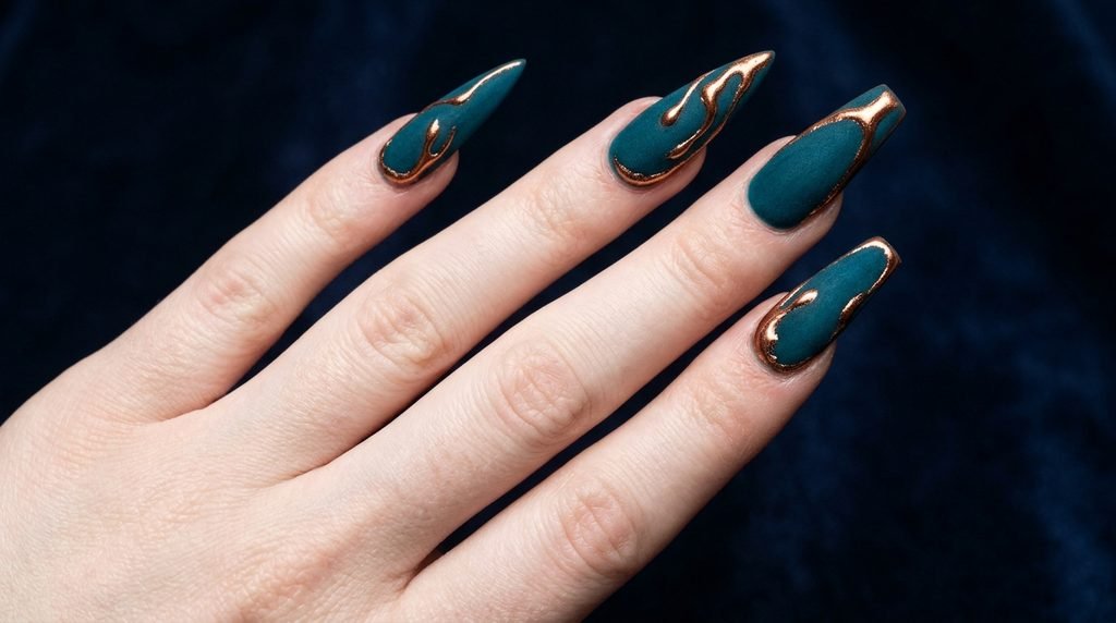 An 18-year-old female hand with very white skin displaying sharp stiletto and coffin matte teal nails with copper accents against navy background.