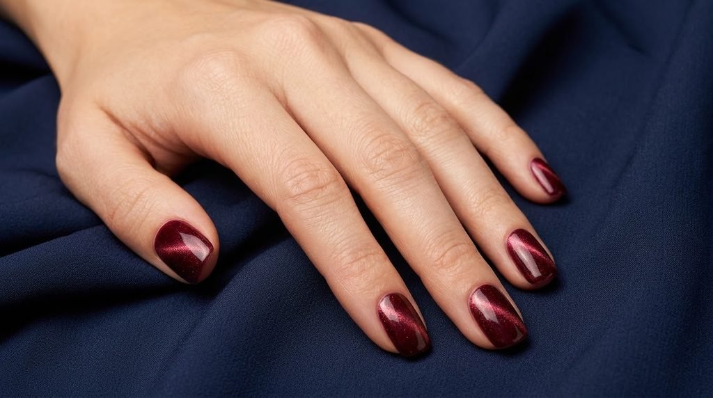 Macro view of a velvet merlot gel nail with crisp shimmer line on very white skin.