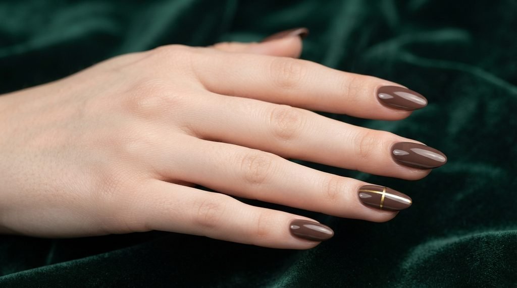 Close-up photograph of glossy mocha brown almond nails with a thin gold stripe on a young woman's hand resting on emerald-green velvet