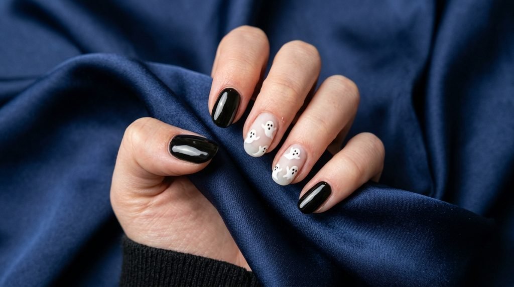 Black and white Halloween manicure on an 18-year-old hand over dark blue satin.