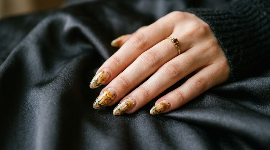 Almond nails painted with yellow Chanterelle mushroom details on an eighteen year old female hand with white skin.