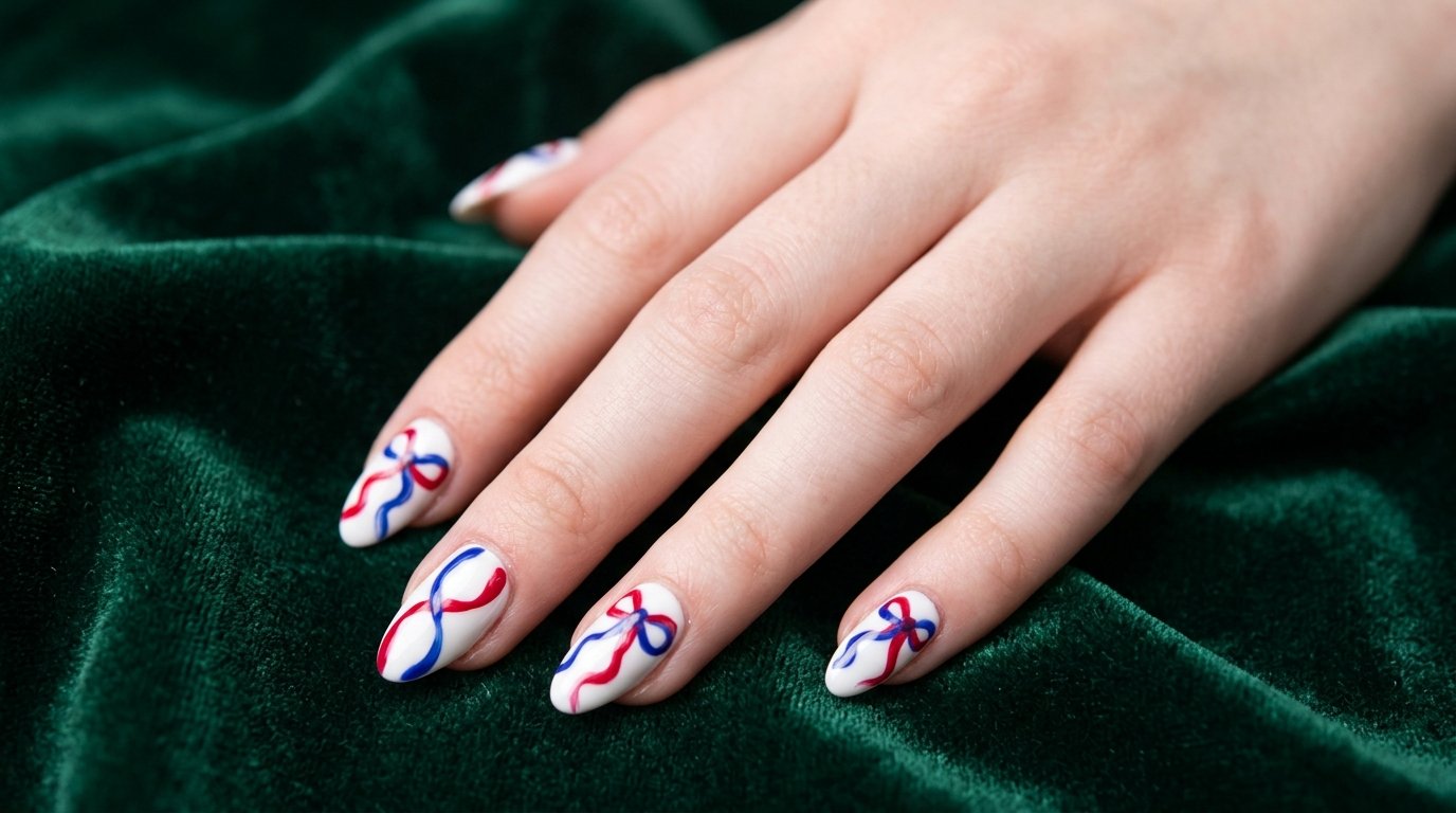 Close-up of almond nails with red and blue ribbon art on white bases against dark emerald velvet.