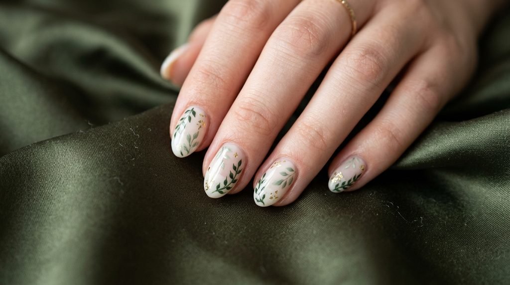 Clean nail art with ultra-thin forest green lines and tidy cuticle margins.