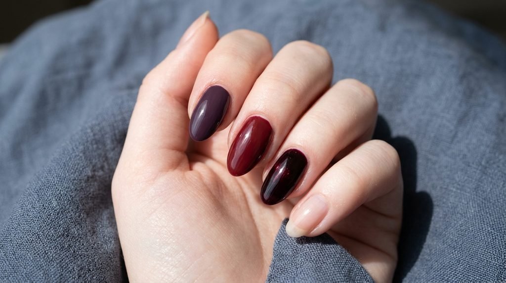 Hand showing individual swatches of black cherry, burgundy, and plum polish against a slate blue linen background.