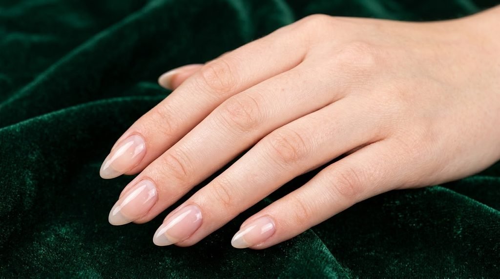 Clean prepped natural nails with manicured cuticles on a dark emerald background.