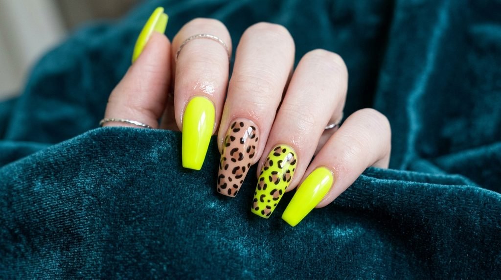 Full view of finished matte neon chartreuse and leopard print coffin nails on an 18-year-old hand with very white skin.