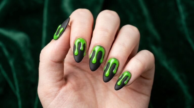 Close-up photograph showing medium-length coffin nails with matte black base and raised, glossy neon-green slime drips.