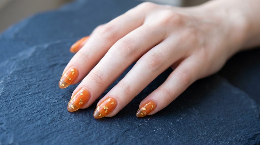 Orange jelly nails with embedded gold flecks on an 18-year-old female hand resting on dark navy stone.