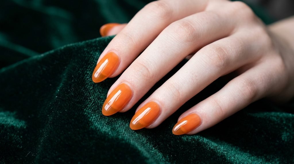 Glossy translucent orange jelly nails with high reflection on an 18-year-old female hand over emerald velvet.