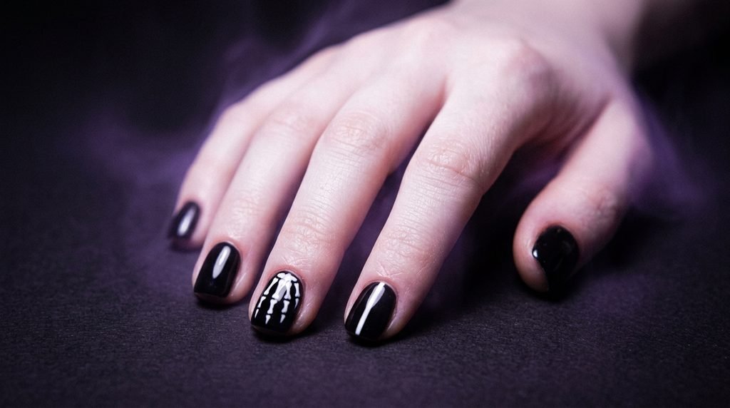 Macro close-up of a single short square nail on an 18-year-old female hand with smooth white skin, painted with glossy black and featuring one fresh, perfectly straight vertical white line down the center, against a dark violet velvet background.