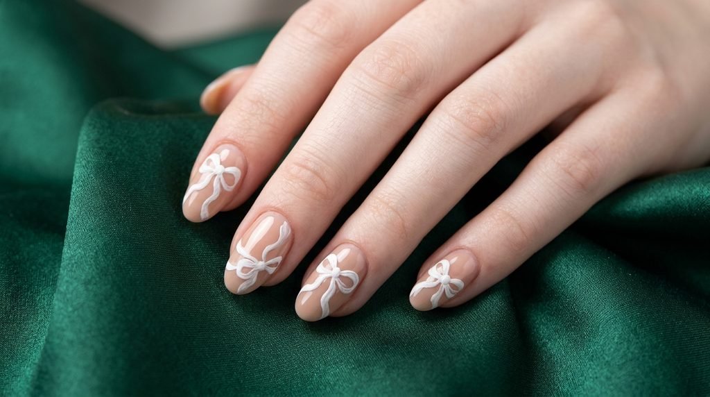 Matte white ribbon paint over glossy nude base coat.