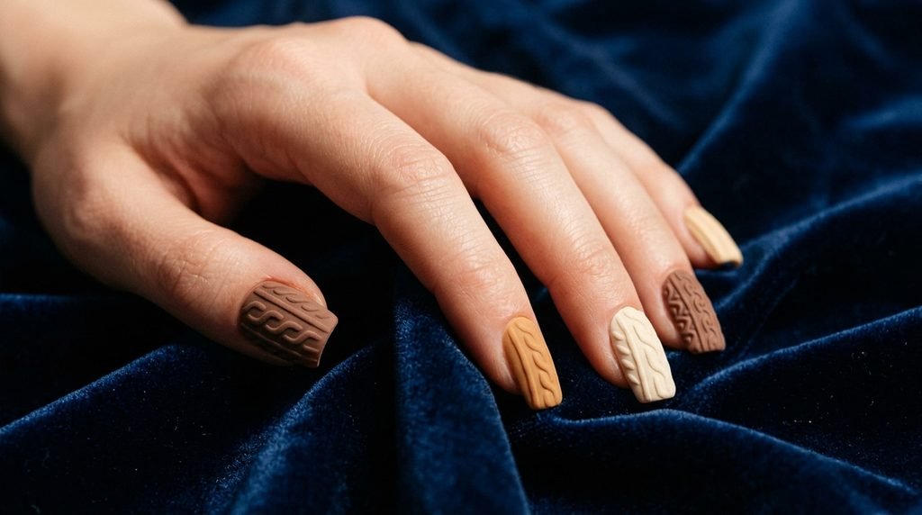 Square nails featuring cream, camel, and mocha sweater patterns on midnight blue velvet.