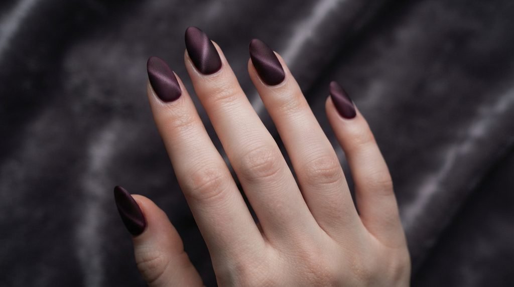 Tight close-up of a single plum noir velvet cat eye nail on a very white female hand, 18, against blurred emerald velvet.
