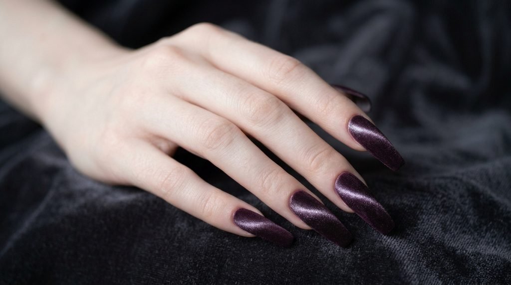 Long plum noir velvet coffin nails on a very white female hand, 18, posed against blurred deep charcoal velvet.
