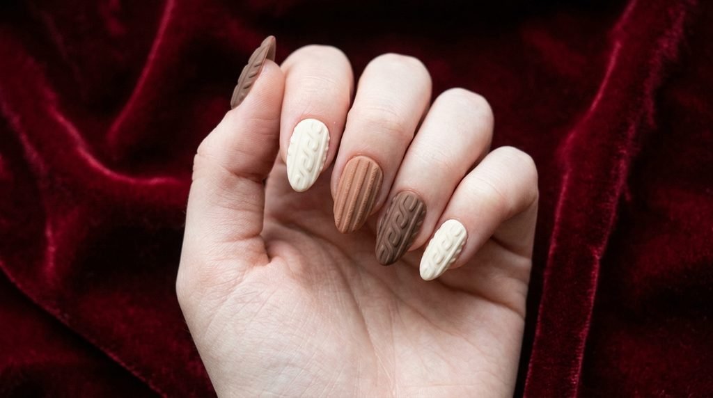 Press on mocha and ivory sweater nails displayed on hand over ruby red velvet.