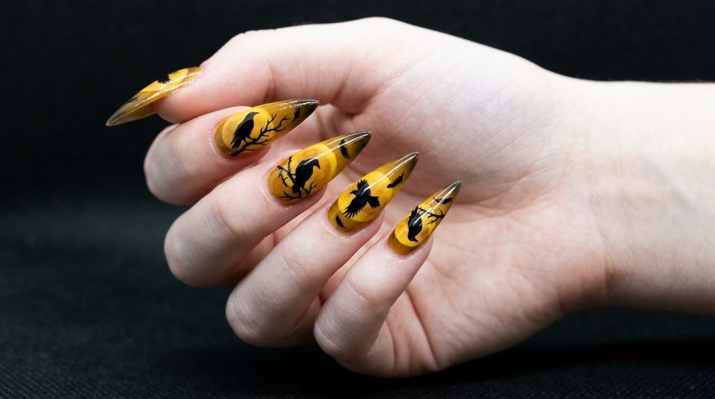 An 18-year-old female hand with white skin showing stiletto nails with a mustard yellow moon and black bird silhouette.