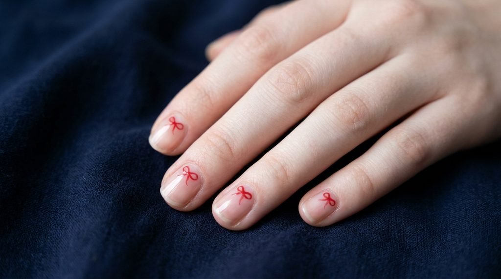 Tiny red micro bow nail art on short natural nails with white skin.
