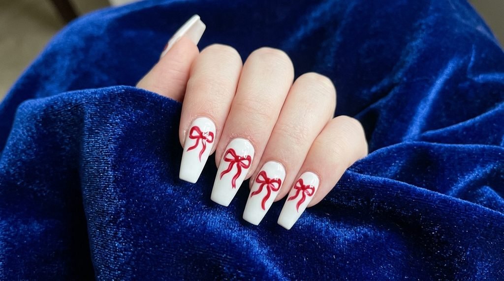 Long coffin nails featuring full gift-wrap ribbon art across the tips.