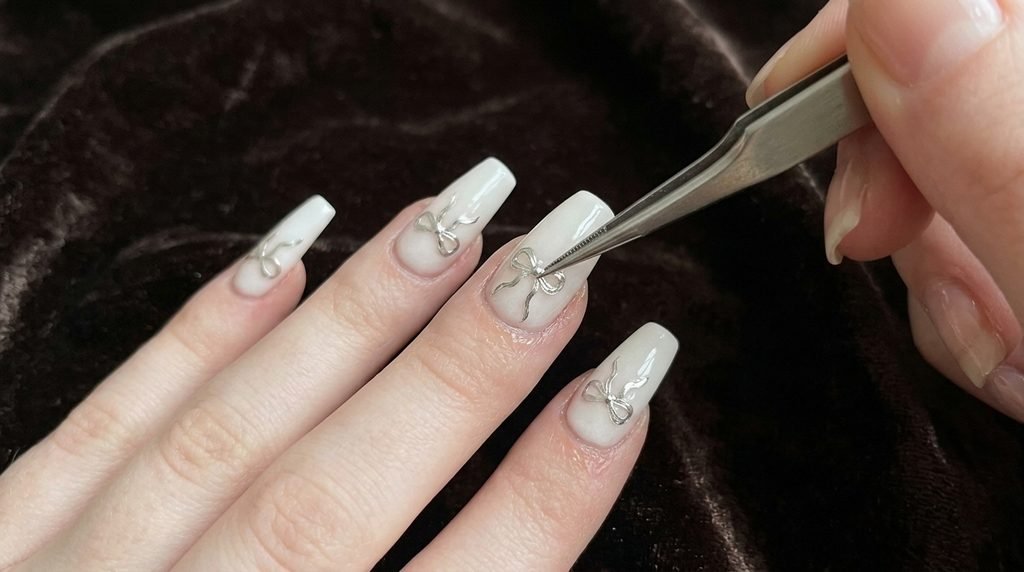 Precision tweezers positioning a ribbon decal onto a painted nail.