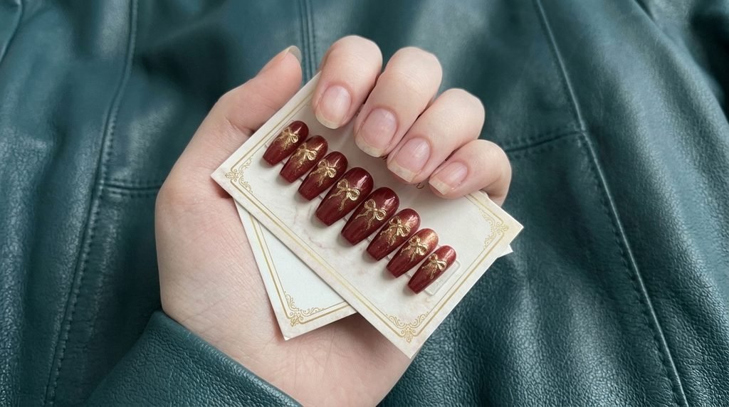 Hand holding pre-designed ribbon press-on nails over dark teal leather.