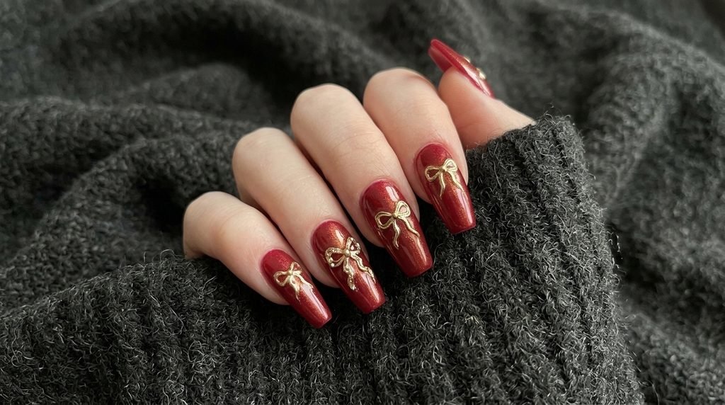 Delicate white bow nail art on nude nails over wine-red velvet.