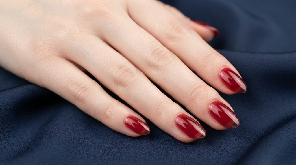 Close-up photograph of sheer garnet-red jelly almond nails on a young woman's hand against a dark navy-blue silk background.
