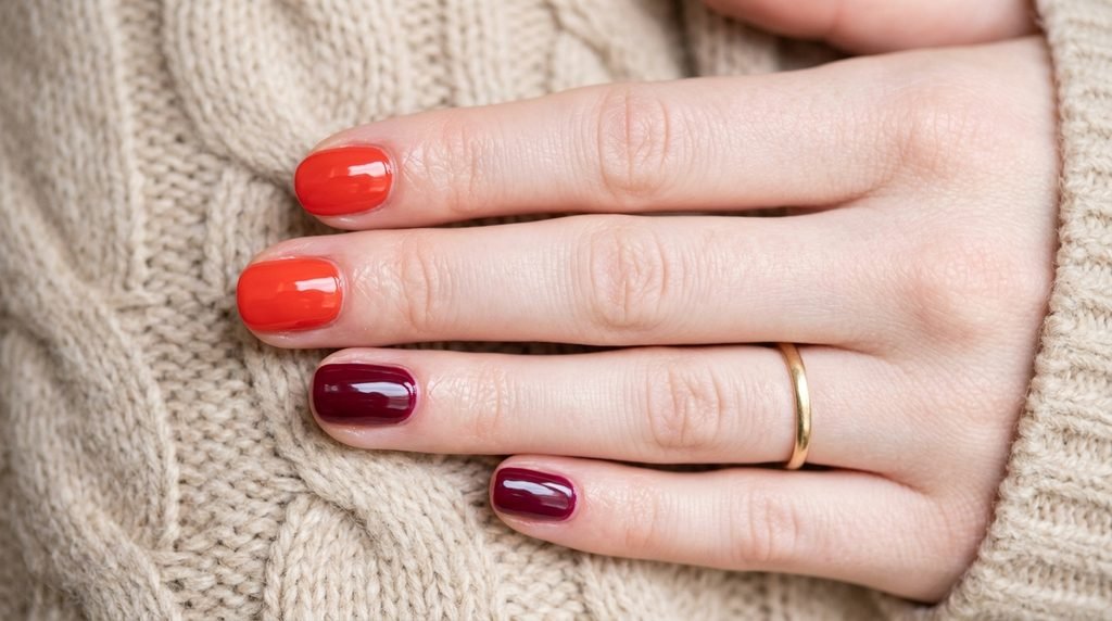 Side-by-side nail polish comparison of bright red and deep cool cherry red.