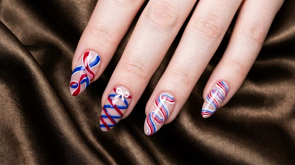Four nail art styles showing painted, charm, and ribbon texture techniques.