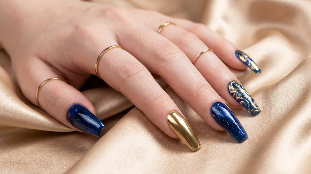 Coffin-shaped sapphire blue and gold chrome nails on very white female skin against champagne satin.